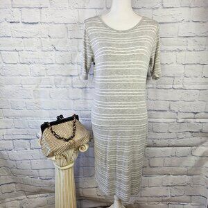 LuLaRoe Size L Gray/White Striped Knit Julia Sheath Dress Short Sleeve Stretch